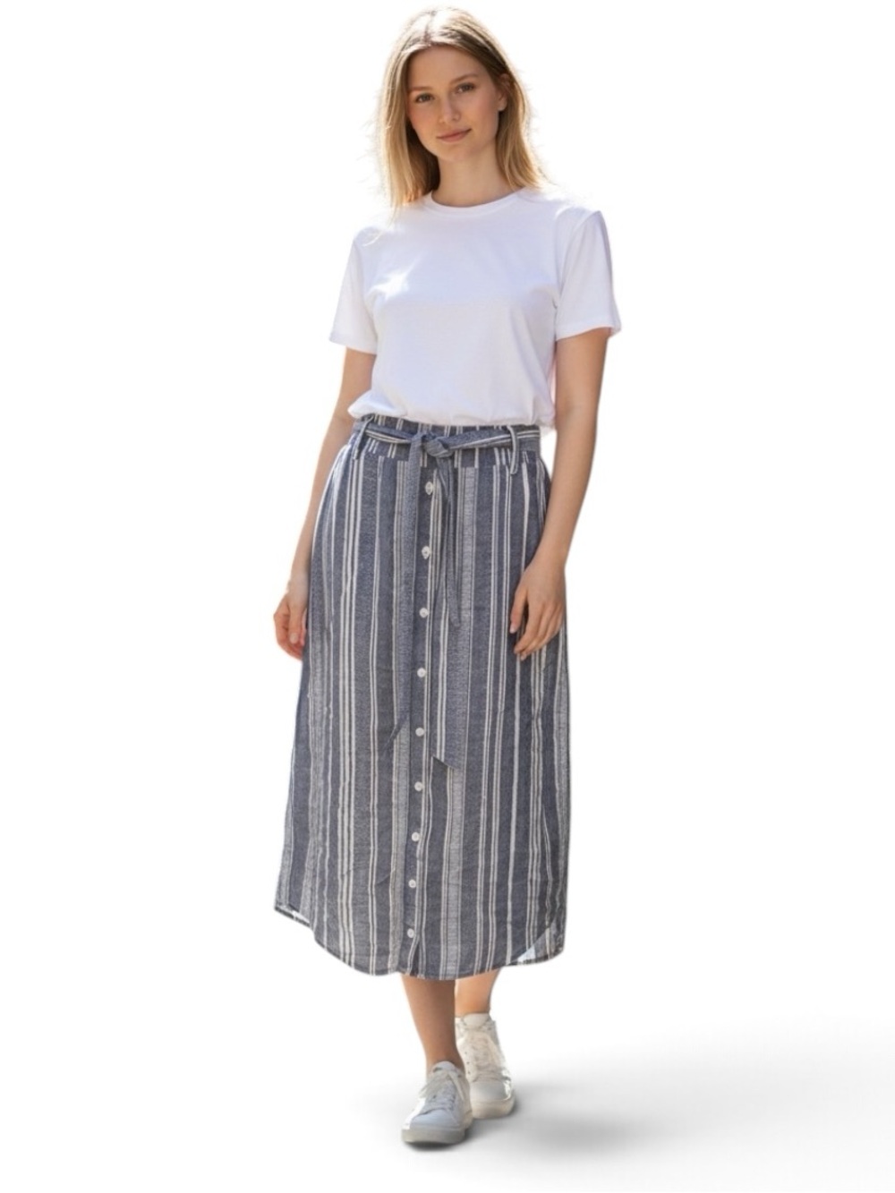 Cloth & Stone Linen Blend Striped Midi Skirt Tie Waist Blue White Size Medium